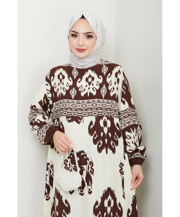 Renkli Desenli Viskon Elbise - Kahverengi / E0122