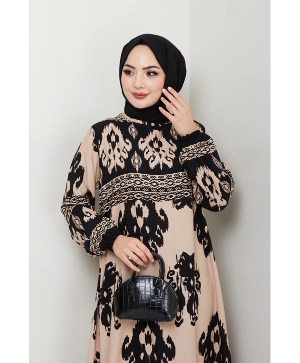 Renkli Desenli Viskon Elbise - Siyah Bej/ E0122