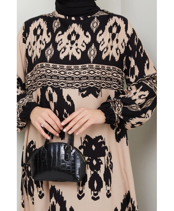 Renkli Desenli Viskon Elbise - Siyah Bej/ E0122