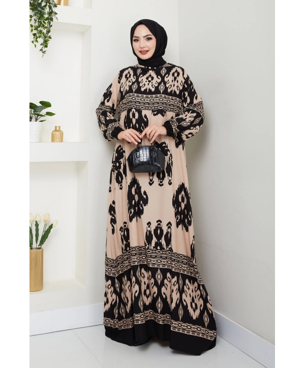 Renkli Desenli Viskon Elbise - Siyah Bej/ E0122