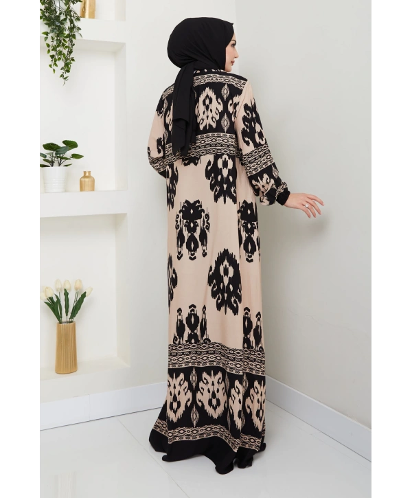 Renkli Desenli Viskon Elbise - Siyah Bej/ E0122