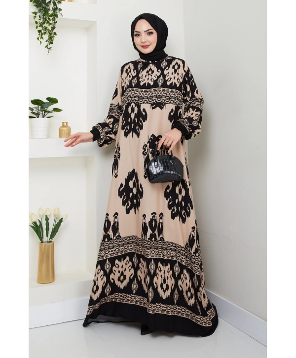 Renkli Desenli Viskon Elbise - Siyah Bej/ E0122