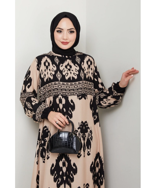 Renkli Desenli Viskon Elbise - Siyah Bej/ E0122