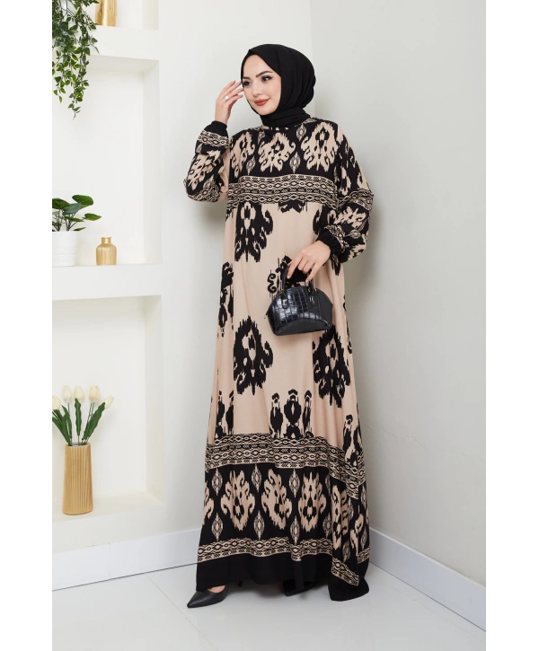 Renkli Desenli Viskon Elbise - Siyah Bej/ E0122