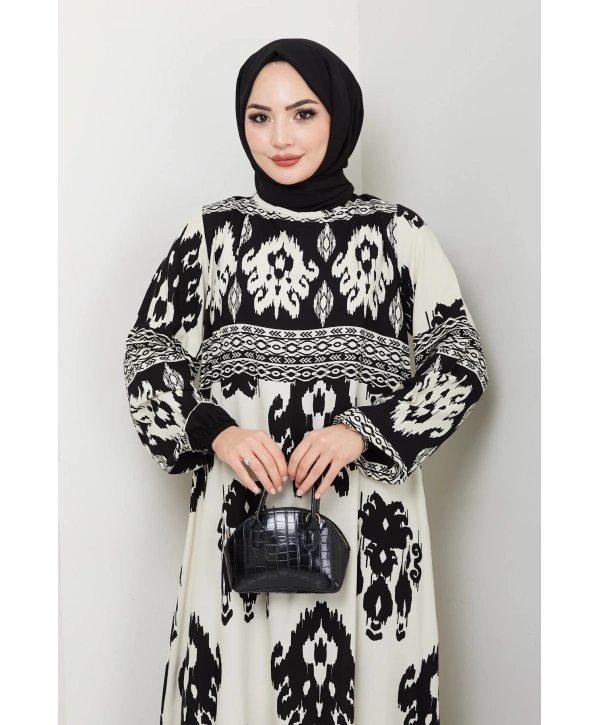 Renkli Desenli Viskon Elbise - Siyah / E0122