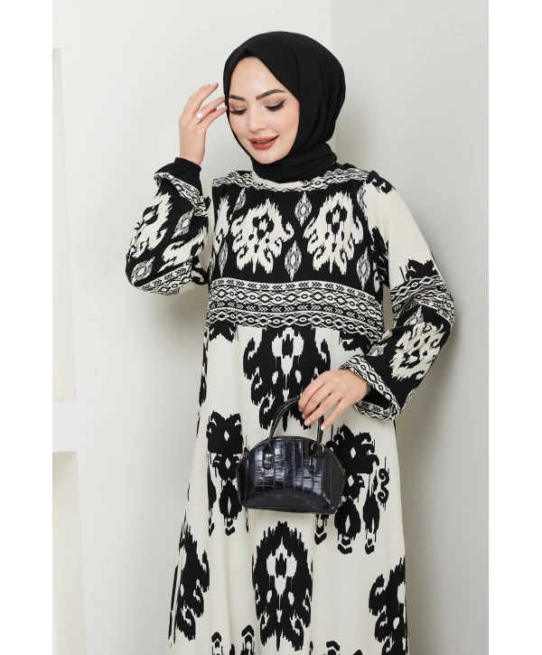 Renkli Desenli Viskon Elbise - Siyah / E0122
