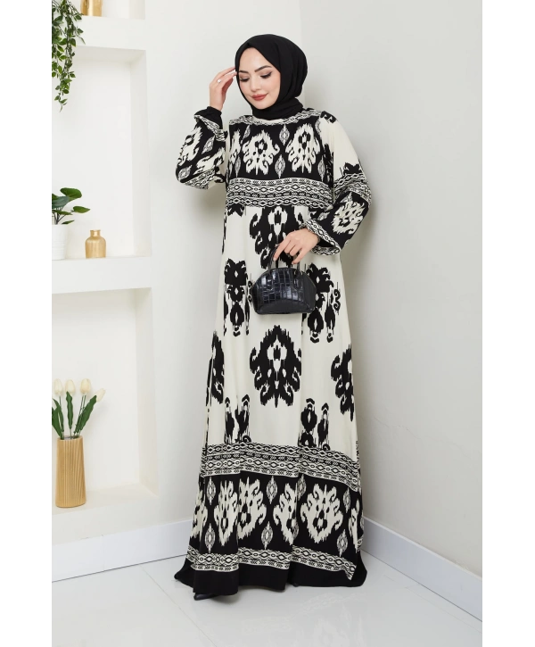 Renkli Desenli Viskon Elbise - Siyah / E0122