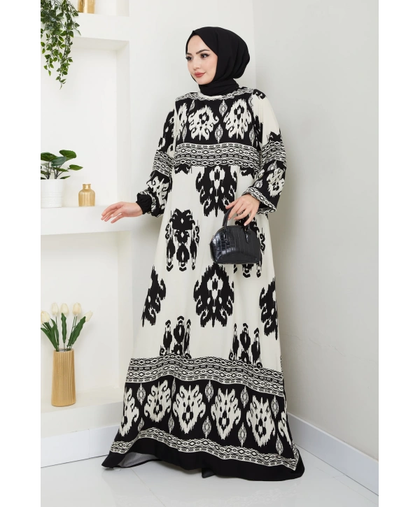 Renkli Desenli Viskon Elbise - Siyah / E0122