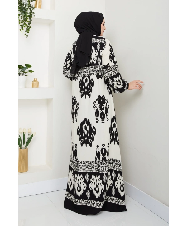 Renkli Desenli Viskon Elbise - Siyah / E0122