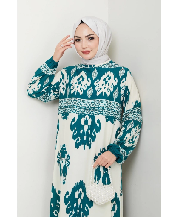 Renkli Desenli Viskon Elbise - Su Yeşili / E0122