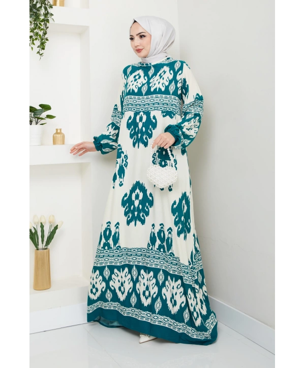 Renkli Desenli Viskon Elbise - Su Yeşili / E0122