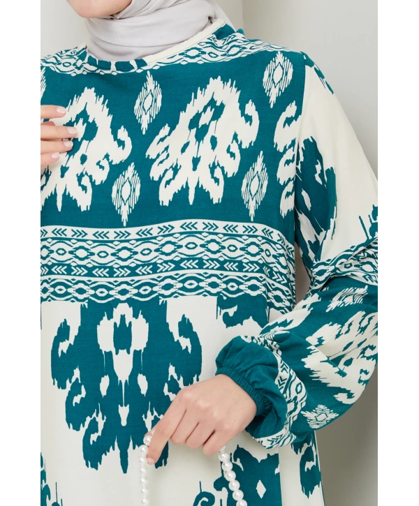 Renkli Desenli Viskon Elbise - Su Yeşili / E0122