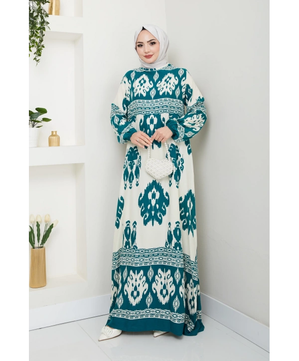 Renkli Desenli Viskon Elbise - Su Yeşili / E0122