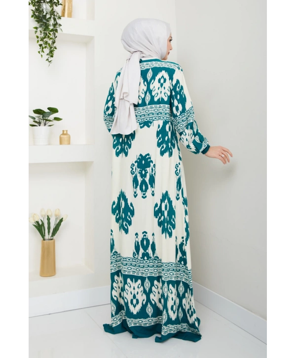 Renkli Desenli Viskon Elbise - Su Yeşili / E0122