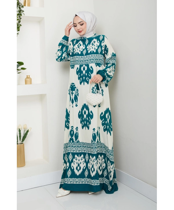 Renkli Desenli Viskon Elbise - Su Yeşili / E0122