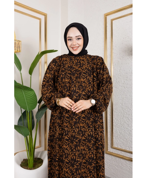 Robalı Desenli Viskon Elbise - Kiremit / E0126