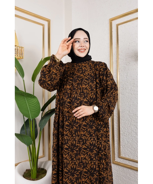 Robalı Desenli Viskon Elbise - Kiremit / E0126