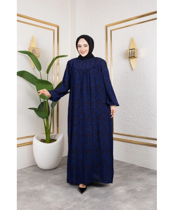 Robalı Desenli Viskon Elbise - Mavi / E0126