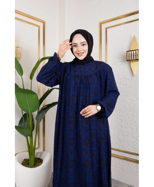 Robalı Desenli Viskon Elbise - Mavi / E0126