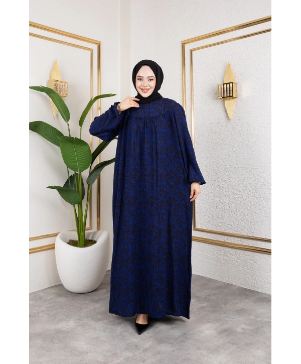 Robalı Desenli Viskon Elbise - Mavi / E0126
