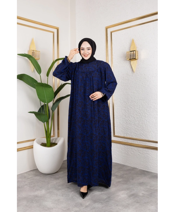 Robalı Desenli Viskon Elbise - Mavi / E0126