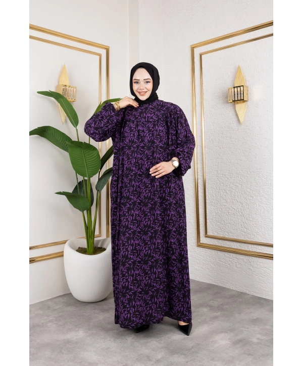 Robalı Desenli Viskon Elbise - Mor / E0126