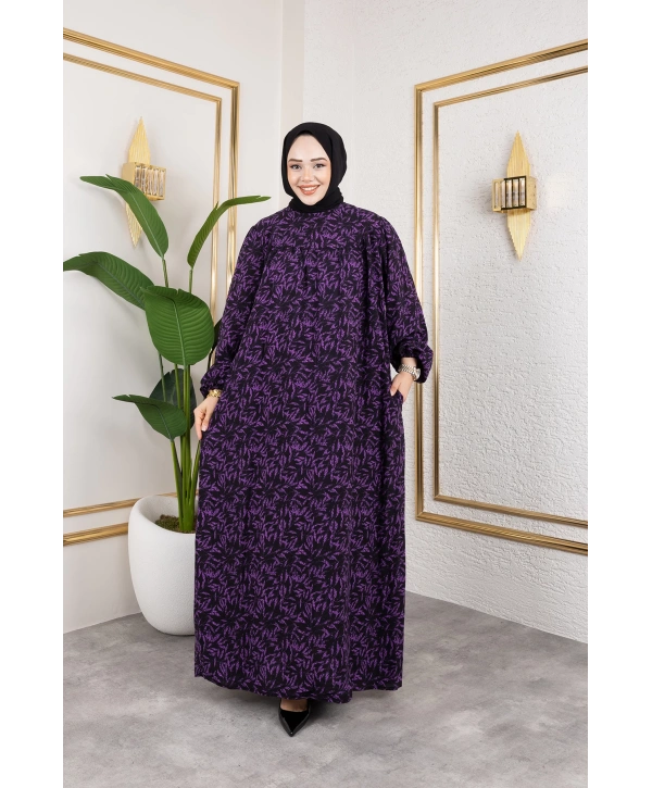 Robalı Desenli Viskon Elbise - Mor / E0126