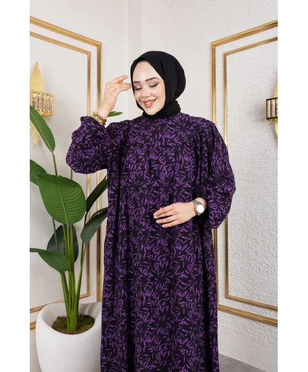 Robalı Desenli Viskon Elbise - Mor / E0126