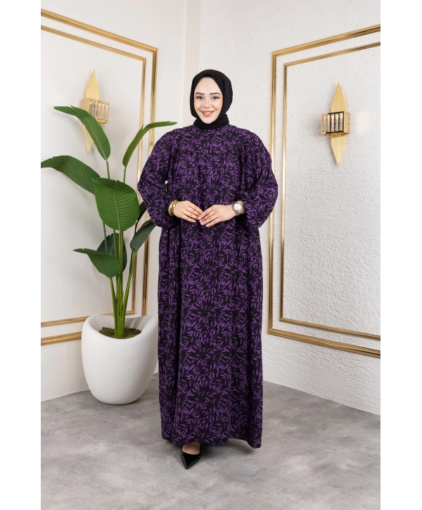 Robalı Desenli Viskon Elbise - Mor / E0126