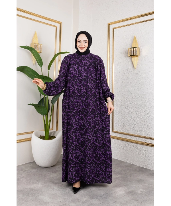 Robalı Desenli Viskon Elbise - Mor / E0126