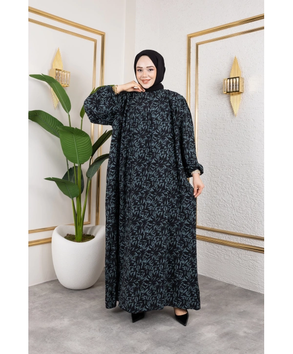 Robalı Desenli Viskon Elbise - Yeşil / E0126