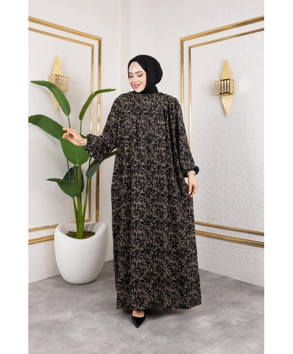 Robalı Desenli Viskon Elbise - Bej / E0126