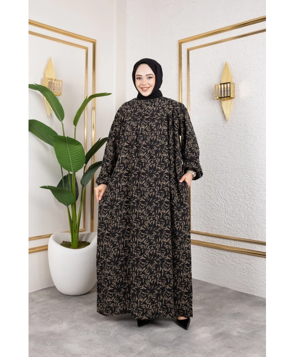 Robalı Desenli Viskon Elbise - Bej / E0126