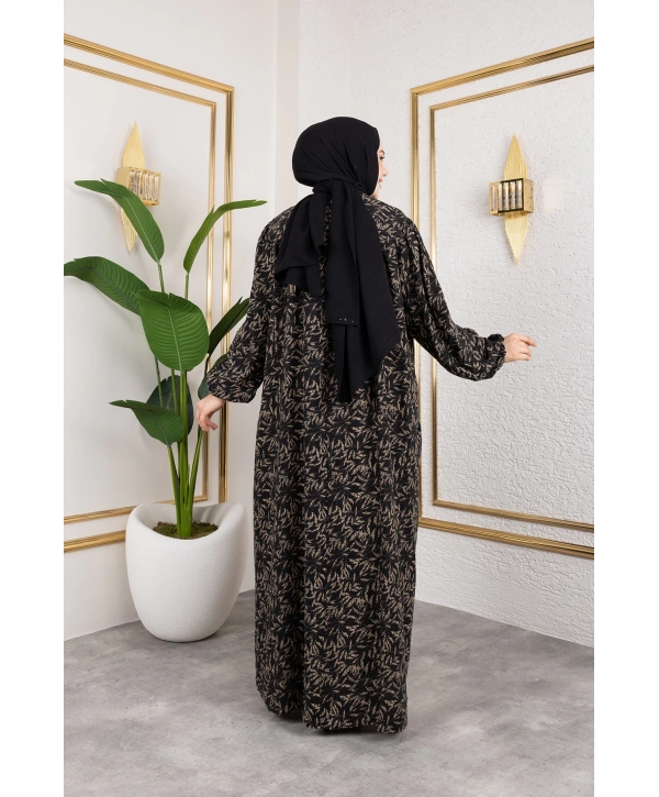 Robalı Desenli Viskon Elbise - Bej / E0126