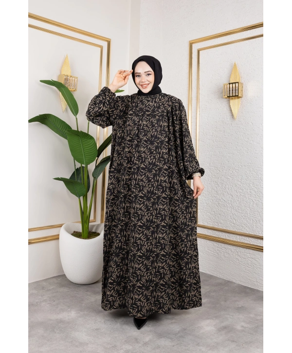 Robalı Desenli Viskon Elbise - Bej / E0126