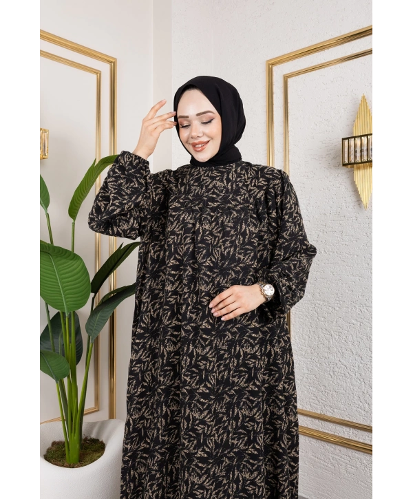 Robalı Desenli Viskon Elbise - Bej / E0126