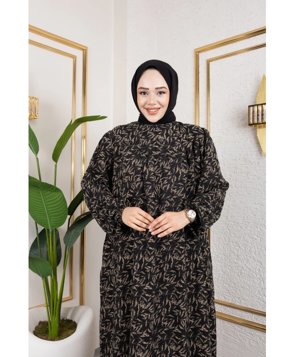 Robalı Desenli Viskon Elbise - Bej / E0126