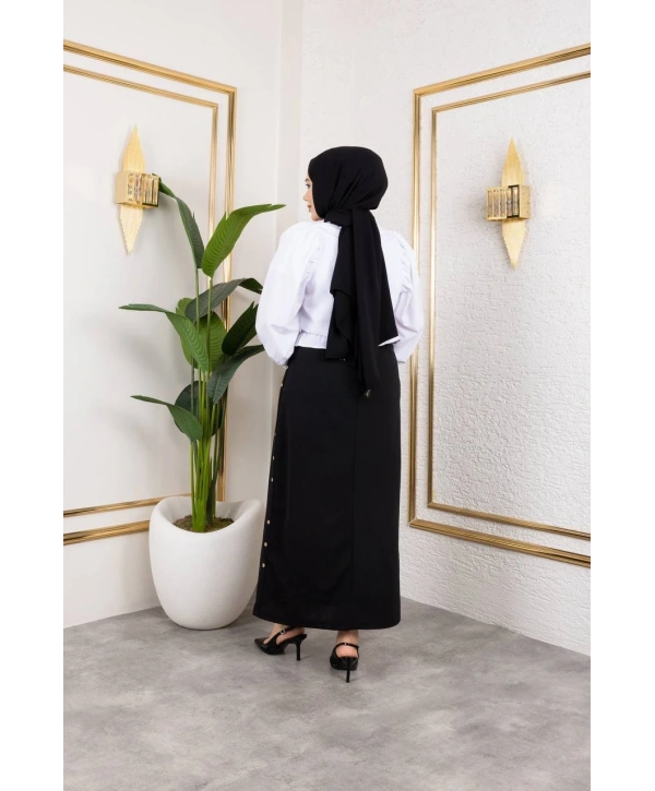 Scuba Kumaş Düğme Detaylı Etek / Siyah - A106