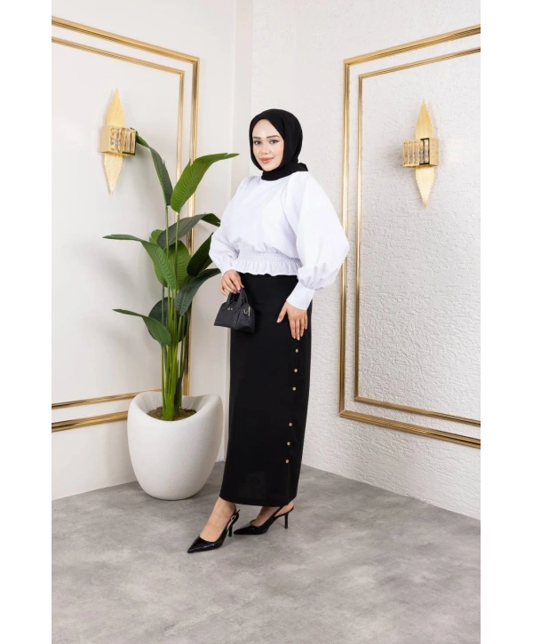 Scuba Kumaş Düğme Detaylı Etek / Siyah - A106