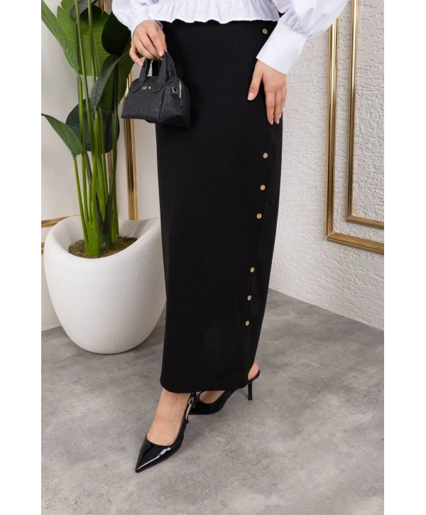 Scuba Kumaş Düğme Detaylı Etek / Siyah - A106