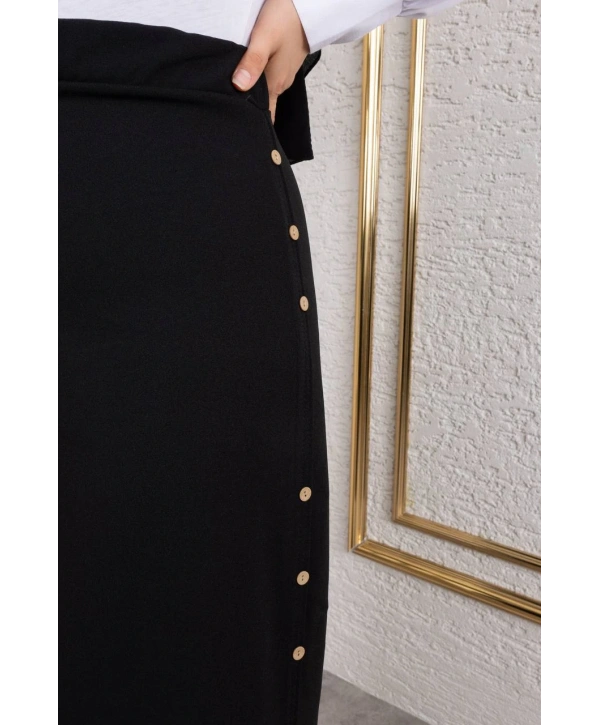 Scuba Kumaş Düğme Detaylı Etek / Siyah - A106