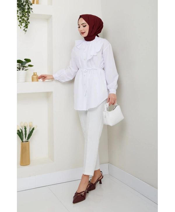 Tasarım Detay Bağlamalı Gömlek - Beyaz / Ü102