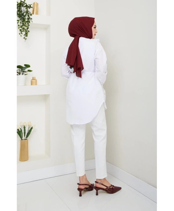 Tasarım Detay Bağlamalı Gömlek - Beyaz / Ü102