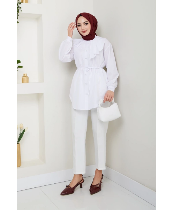 Tasarım Detay Bağlamalı Gömlek - Beyaz / Ü102