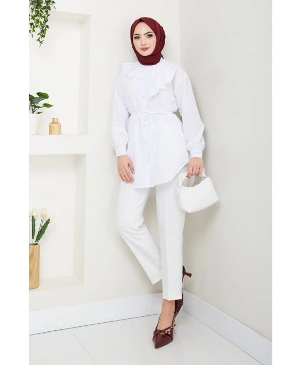 Tasarım Detay Bağlamalı Gömlek - Beyaz / Ü102