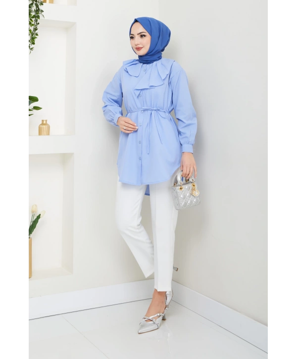 Tasarım Detay Bağlamalı Gömlek - Mavi / Ü102