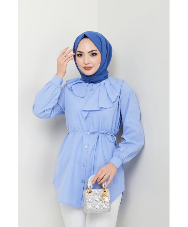 Tasarım Detay Bağlamalı Gömlek - Mavi / Ü102