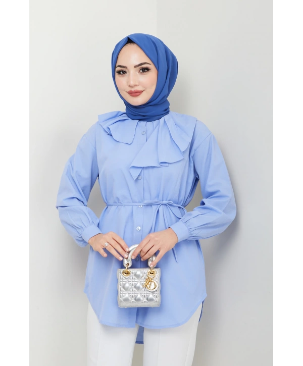 Tasarım Detay Bağlamalı Gömlek - Mavi / Ü102