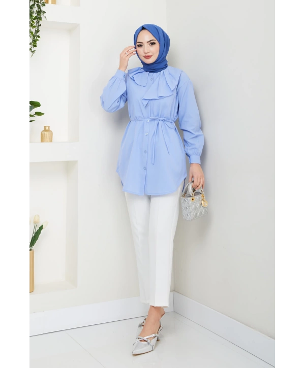 Tasarım Detay Bağlamalı Gömlek - Mavi / Ü102