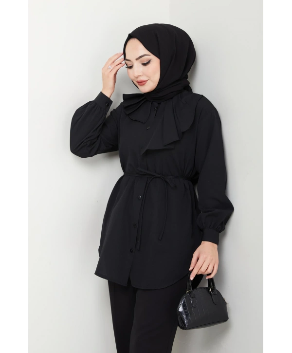 Tasarım Detay Bağlamalı Gömlek - Siyah / Ü102